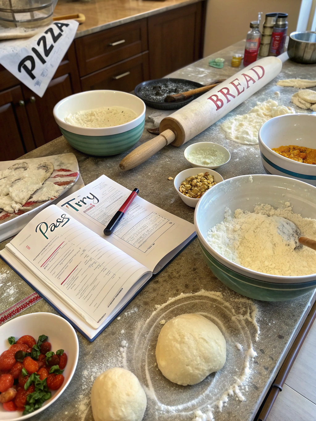 Assortment of dough making ingredients like flour, yeast, eggs, and oil