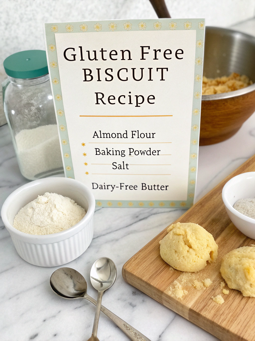 Ingredients for gluten-free biscuits neatly arranged on a surface