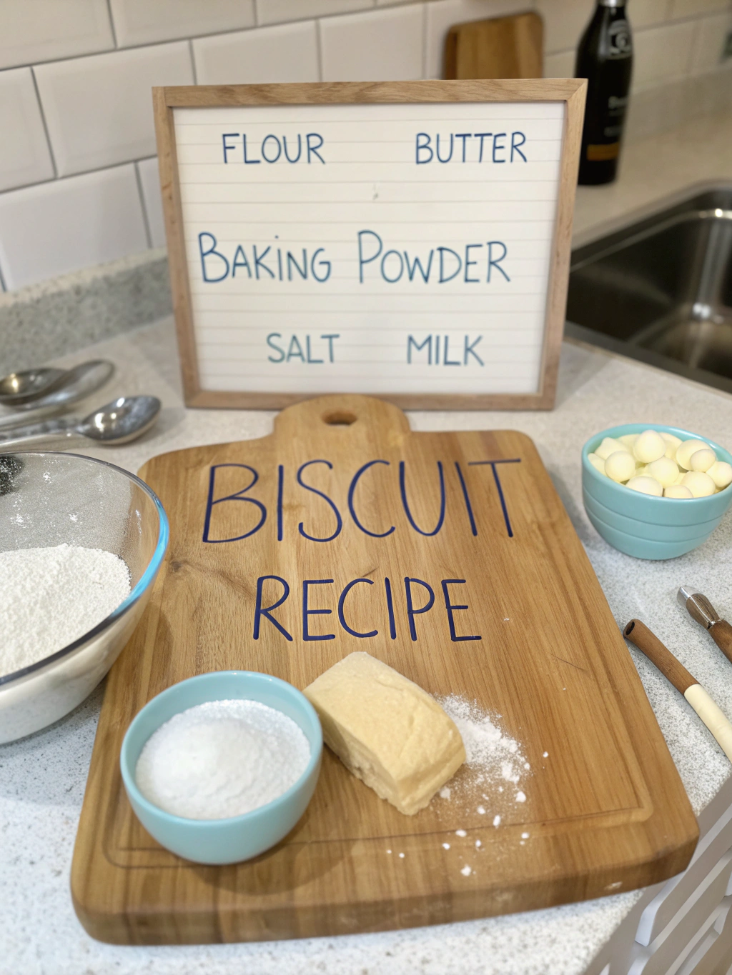 Ingredients for a simple biscuit recipe laid out on a counter