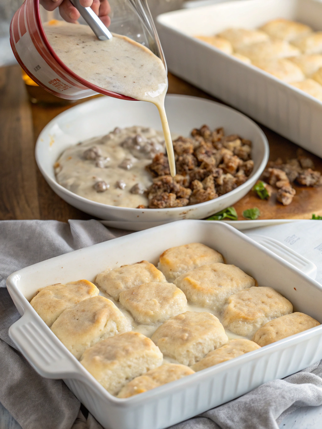 Hands preparing a biscuit and gravy casserole, showing steps like browning sausage, whisking gravy, and assembling layers in a baking dish.