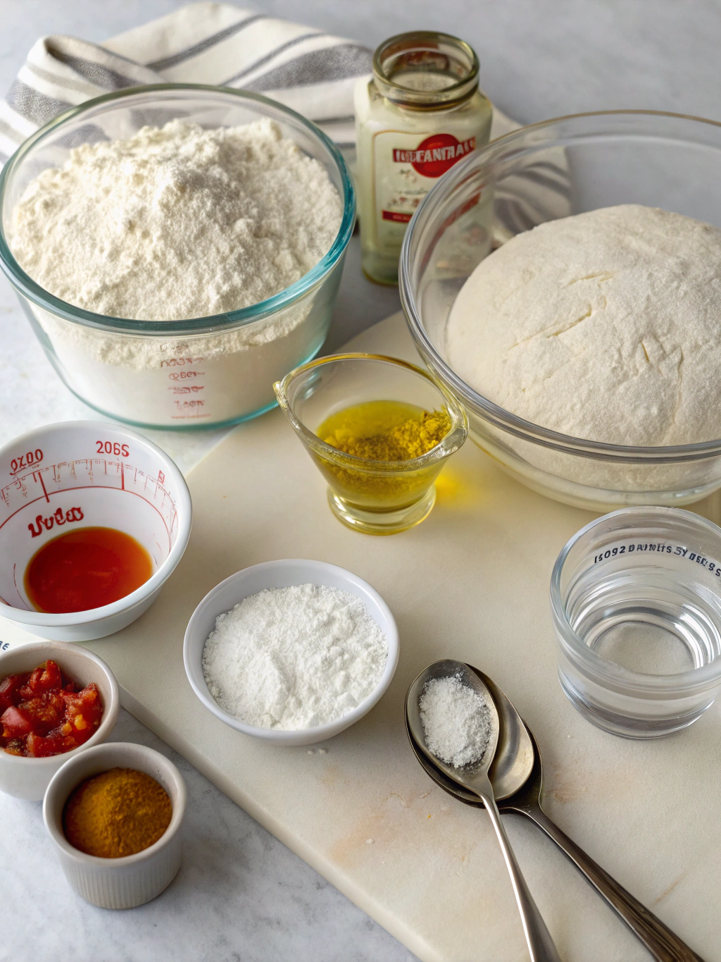 Ingredients for making pizza dough, including flour, yeast, water, salt, and olive oil